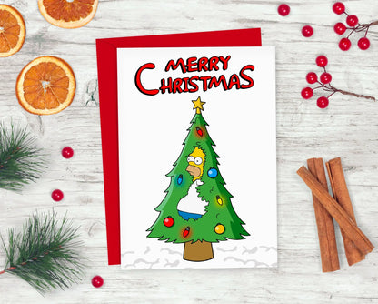 Homer Simpson Christmas Tree Card | Homer Backing Into Bush | The Simpsons Funny Xmas Card