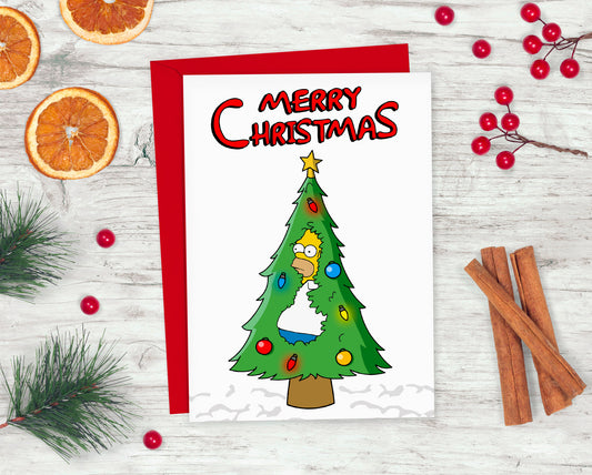 Homer Simpson Christmas Tree Card | Homer Backing Into Bush | The Simpsons Funny Xmas Card